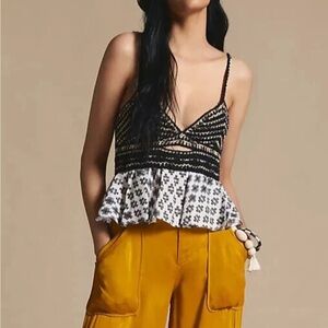 Anthropologie Black and White Freida Patterned Camisole with crochet cut out top